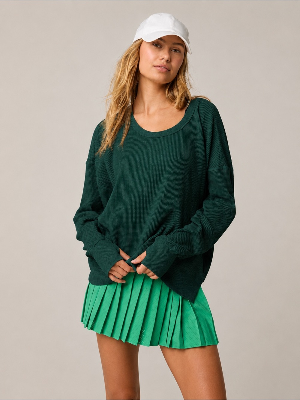 Offline by aerie WOW! T-shirt, waffle XS mystical green scoop neck